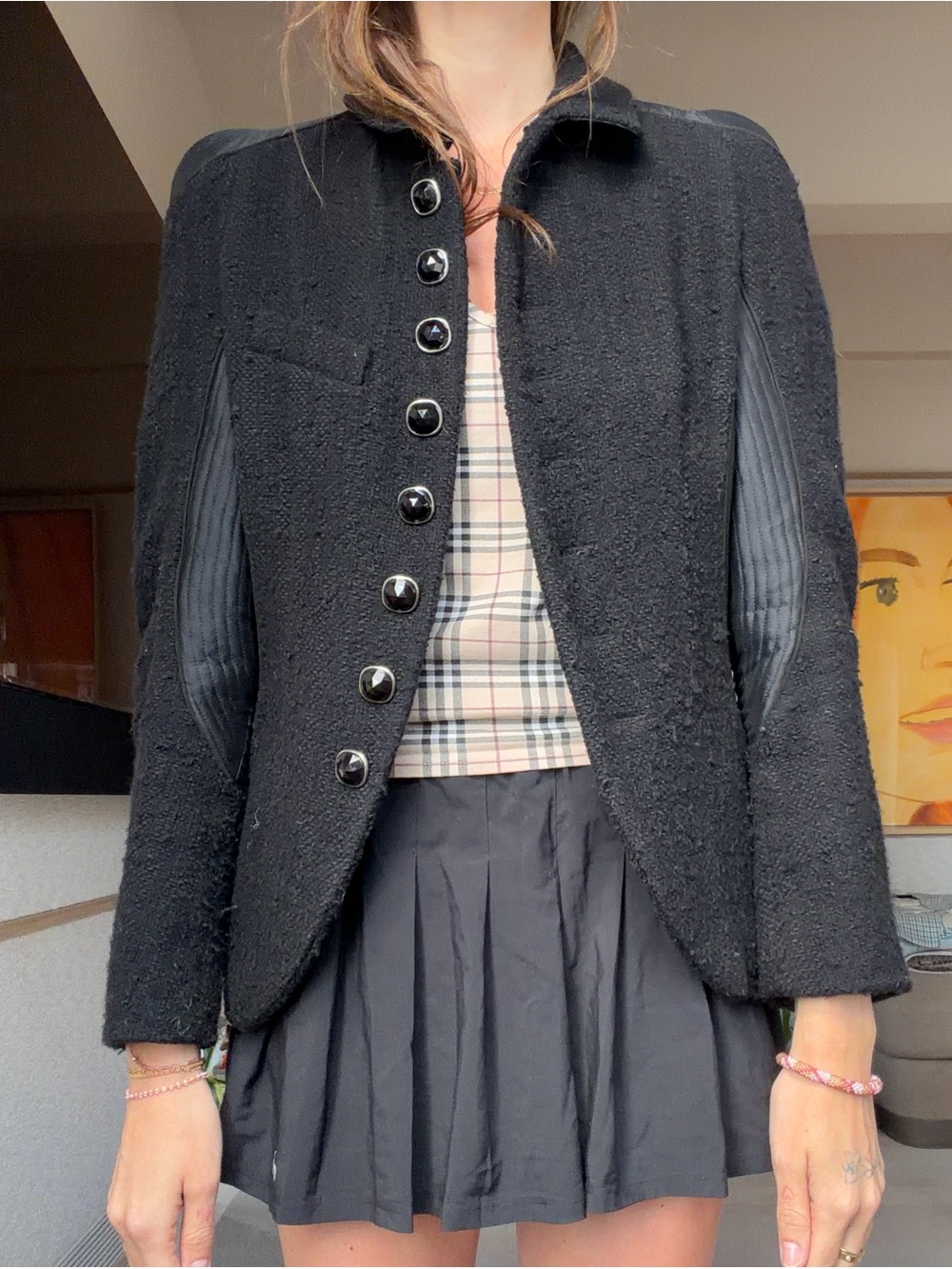 Black Bouclé Button-Front Women's Blazer